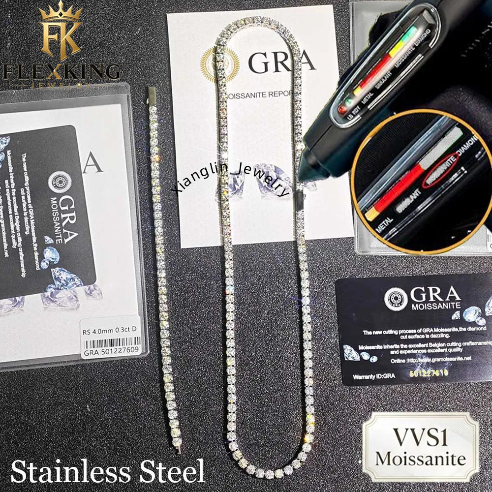 FLEXKING Stainless Steel VVS1 Moissanite Tennis Chain 3/4/5mm Iced Out Lab Moissanite Necklace Bracelet Hip Hop Party Jewelry