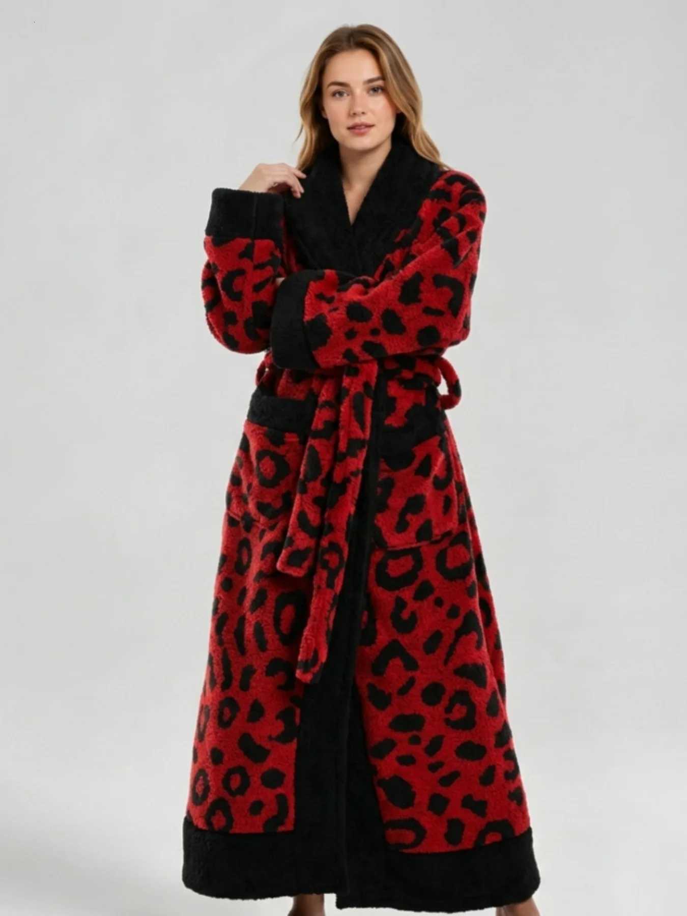 Lounge Women's Sleep Autumn Winter Leopard Print Coral Fleece Robe Sleepwear Thicken Flannel Bathrobe Nightwear Loose Casual Homewear LoungewearC - view 6