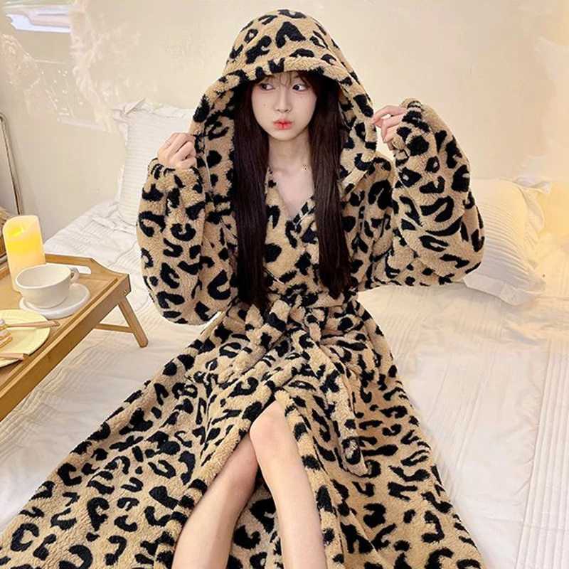 Lounge Women's Sleep 2025 Winter Long Sleeve Leopard Hooded Thick Warm Flannel Kimono Robes for Women Coral Fleece Bathrobes Sleepwear Nightdress - view 3