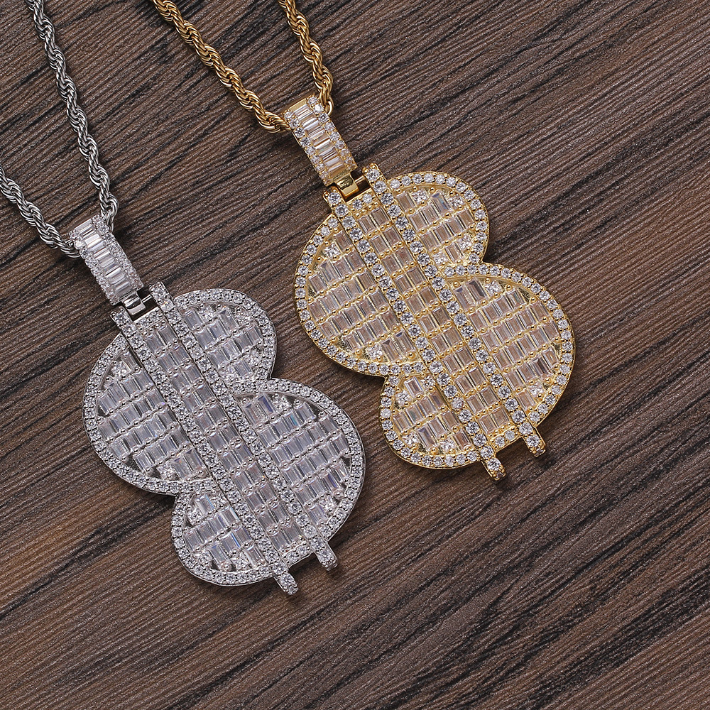 Personalized Hip Hop Jewelry Gold Silver Color Bling Moissanite Iced Out Baguette Moissanite Dollar Sign Pendant Necklace for Men - view 6