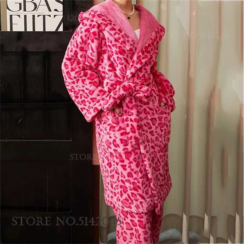 Sleep Lounge Women's Thicken Flannel Hooded Long Robe Pajamas Set Winter Women's Sleepwear Trouser Suits Sexy Leopard Coral Fleece Bathrobe  - view 6