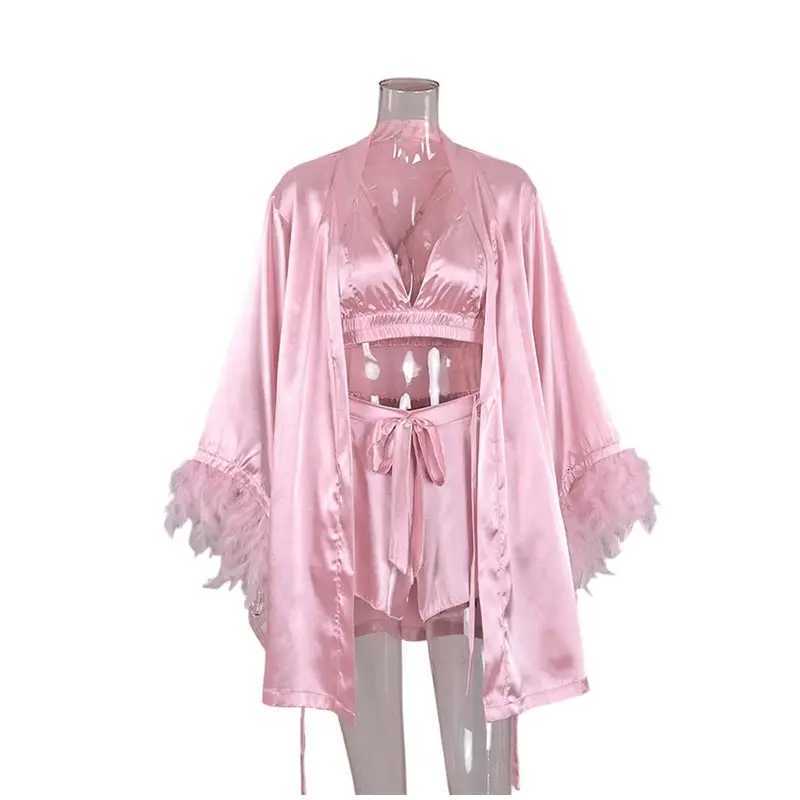 Sleep Lounge Women's 2026 Autumn/Winter New Feather Comfortable Robe Long Sleeve Robe Underwear Shorts Pajama 3-Piece Women Home ClothesC260924