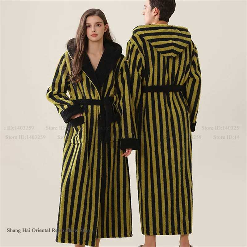Lounge Women's Sleep Autumn Winter New Couple Long Robe Flannel Stripe Sleepwear Home Clothes Loose Hooded Bathrobe Nightwear Coral Fleece Lounge - view 6