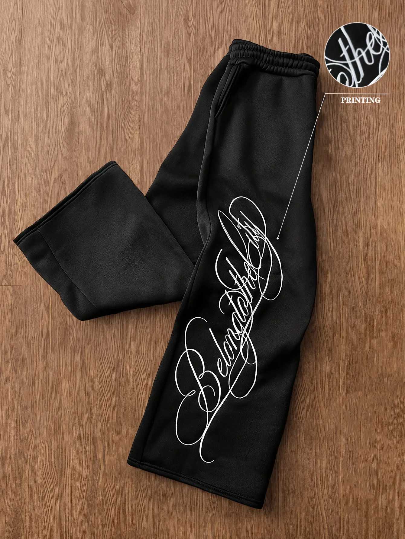 Men's Pants 2026 Men's Black Letter-printed Trousers Pure Cotton Straight-leg Pants Casual Elastic Waist Jogger Pants D260924 - view 6