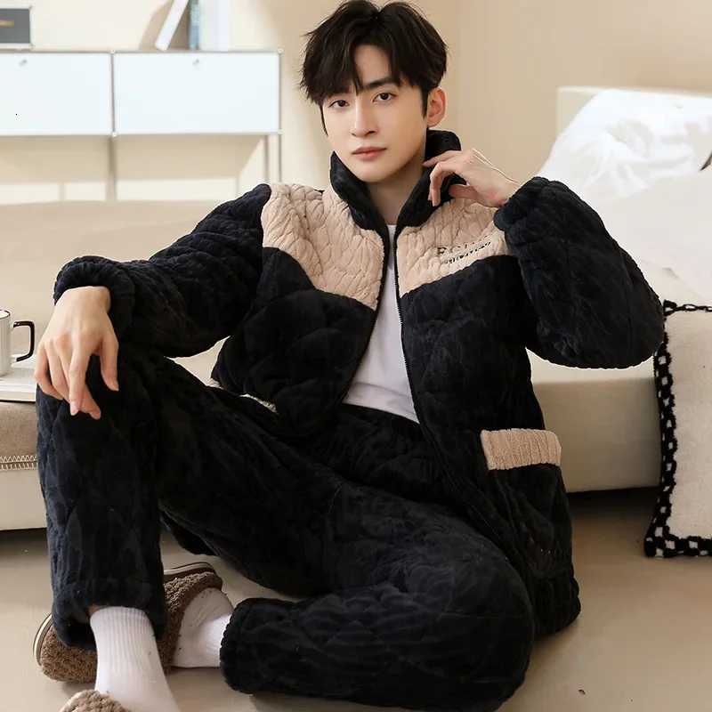 Sleep Lounge Women's Korean Winter Thicken Warm Home Clothes Zipper Cardigan Pajamas Set Men Home Clothes Big Size XL-3XL Coral Fleece Pyjamas Ho - view 7