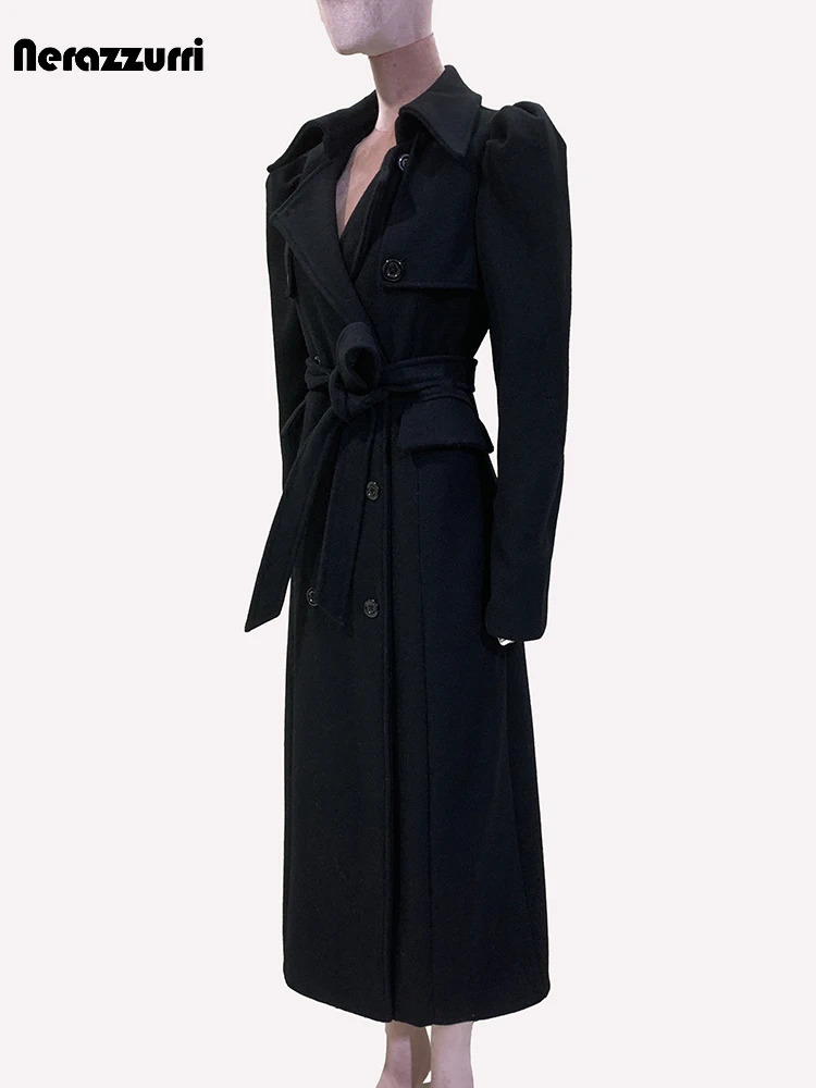 Nerazzurri Autumn Winter Long Black Elegant y Fitted Woolen Coat Women Puff Sleeve Double Breasted Wool Blends Overcoat 260911 - view 4