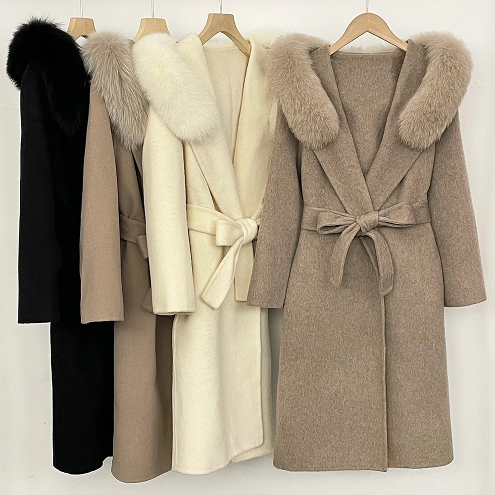 Elegant Woolen Coat Mid Length Women's Fur Collar Wool Autumn Winter Hooded Double Faced Women 260911