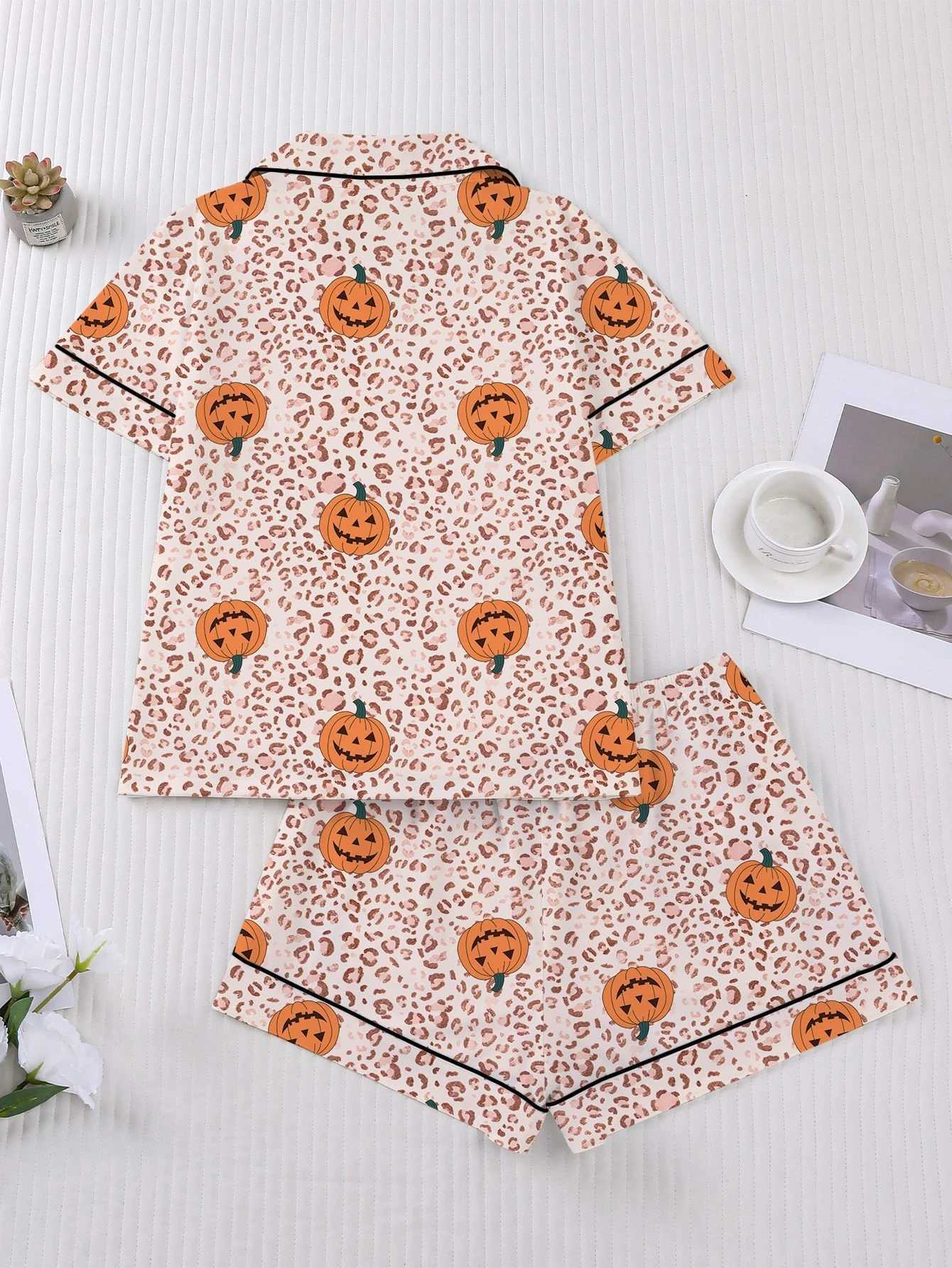 Women's Sleep Lounge Women's Sleepwear Halloween Print Pajamas Set Collar Short Sleeved Shirt With Shorts Home Suit Set Loungewear Set Pyjam - view 3