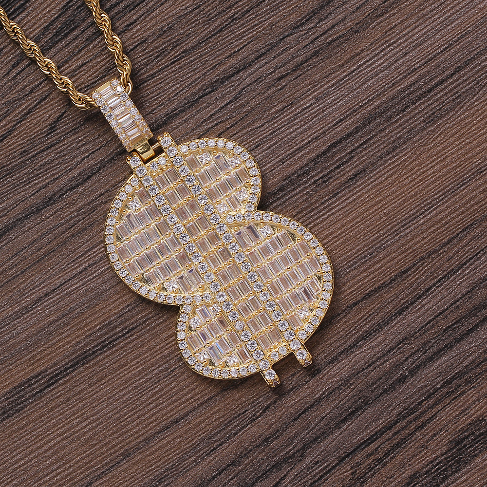 Personalized Hip Hop Jewelry Gold Silver Color Bling Moissanite Iced Out Baguette Moissanite Dollar Sign Pendant Necklace for Men - view 7