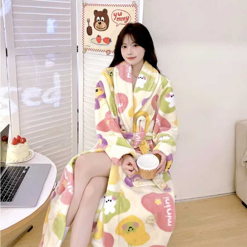 Lounge Women's Sleep 2024 Autumn Winter New Flannel Nightwear Loose Kimono Robe Sweet Homewear Women Warm Robes Long Sleepwear Loose LoungewearC2 - view 3