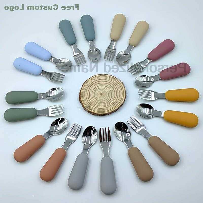 Baby Feeding Other Custom 2PC/Set Baby Silicone Tableware Children Stainless Steel Dinnerware Toddler Cutlery Infant Food Feeding Spoon Fork C2609231