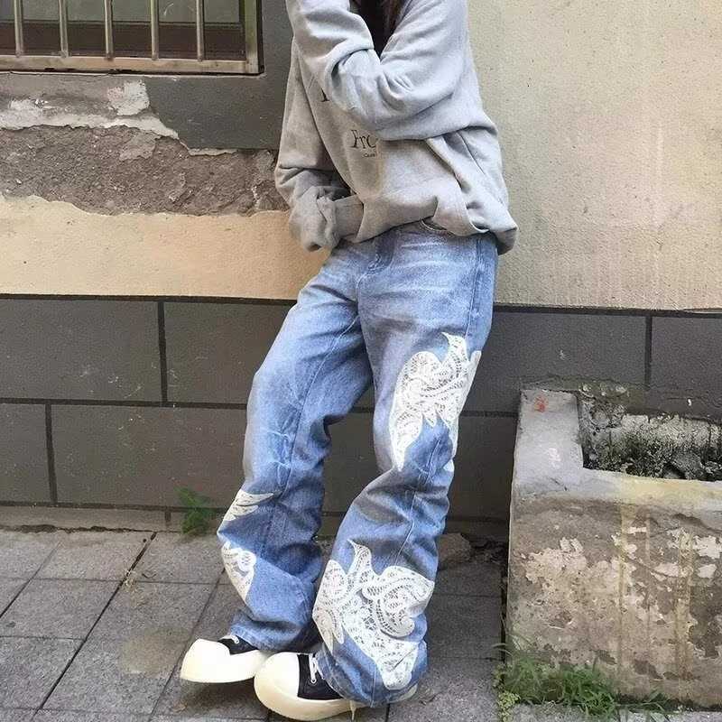 Men's Jeans Spring Men's Dove Of Peace Appliques Embroidered Jeans New Y2K Vintage Straight Baggy Denim Pants Washed Streetwear Blue Jean H2 - view 3