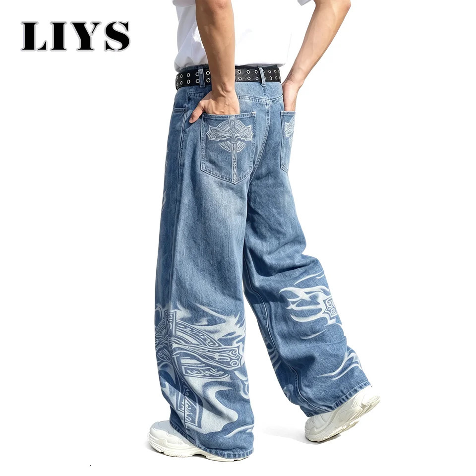 LIYS Men's Y2K Gothic Graffiti Print Baggy Ultra Wide Leg Jeans Hip Hop Streetwear Loose Casual Skater Denim Pants Unisex 260923 - view 3