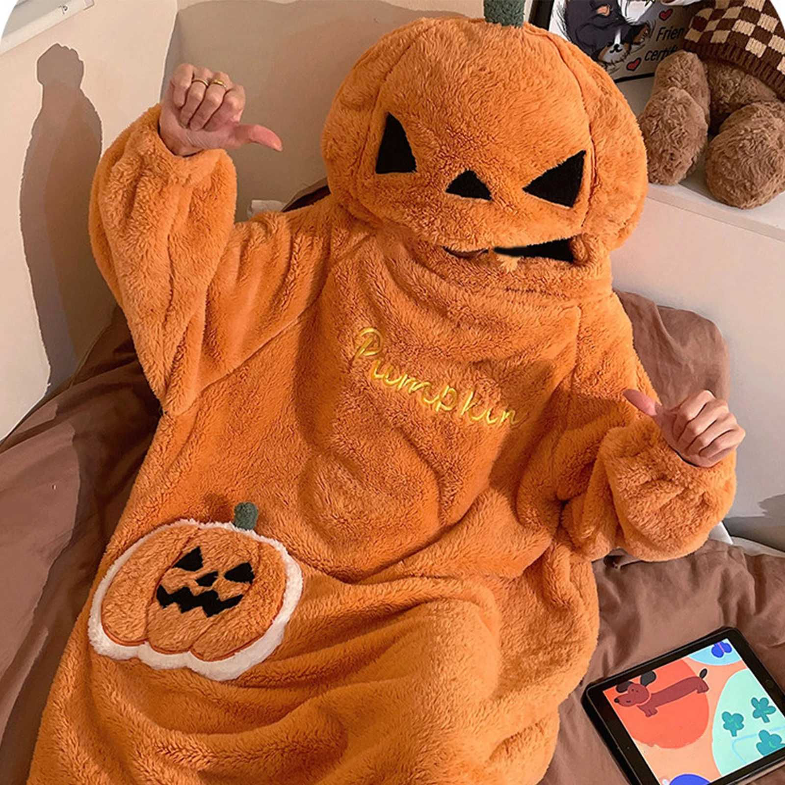 Sleep Lounge Women's Halloween Pumpkin Onesie for Women Fleece Lined Thick Warm Jumpsuit Cartoon Pajamas with ShoesC260924 - view 7