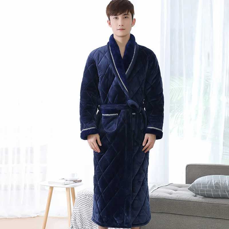 Sleep Lounge Women's Winter Long Robe For Male Three Layers Quilted Bathrobe Thick Flannel Sleepwear Big Yards XXXL Kimono Bathrobes Mens Warm Lo - view 6