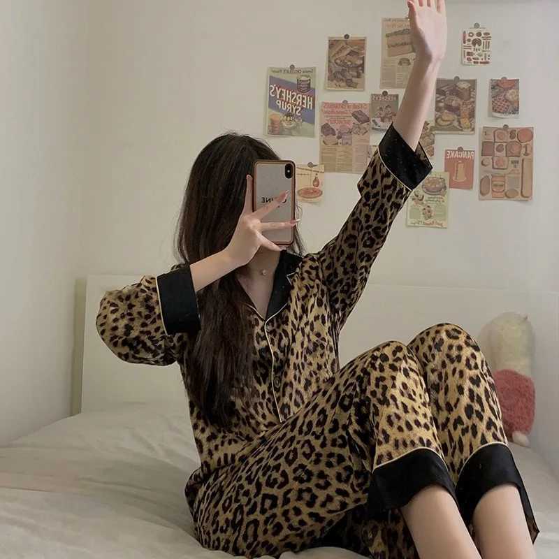Women's Sleep Lounge Thailand Spring and Fall Pajamas Set Women's Fashion Leopard Print Long-Sleeved Sleepwear Loungewear Ladies Upscale Hom - view 3