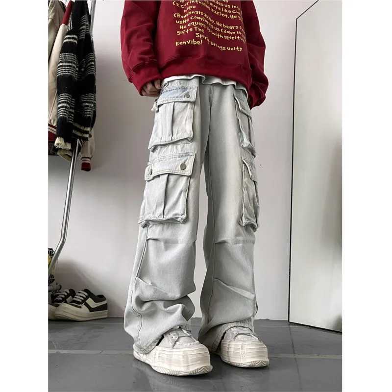 Men's Jeans Light Blue Cargo Jeans Men's Patchwork Straight Casual Trousers Men Muti-pockets Hip Hop Streetwear Loose Fashion Pants H260924 - view 3
