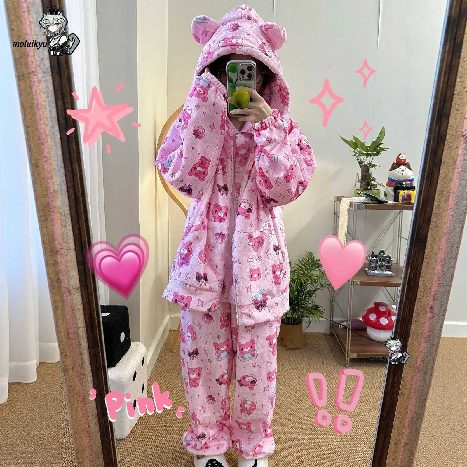 Lounge Women's Sleep Cute Cartoon Rabbit Hooded Pajamas Women Winter Thick Flannel Sleepwear Soft Coral Fleece Loose Homewear with Ear Hat Lounge - view 3