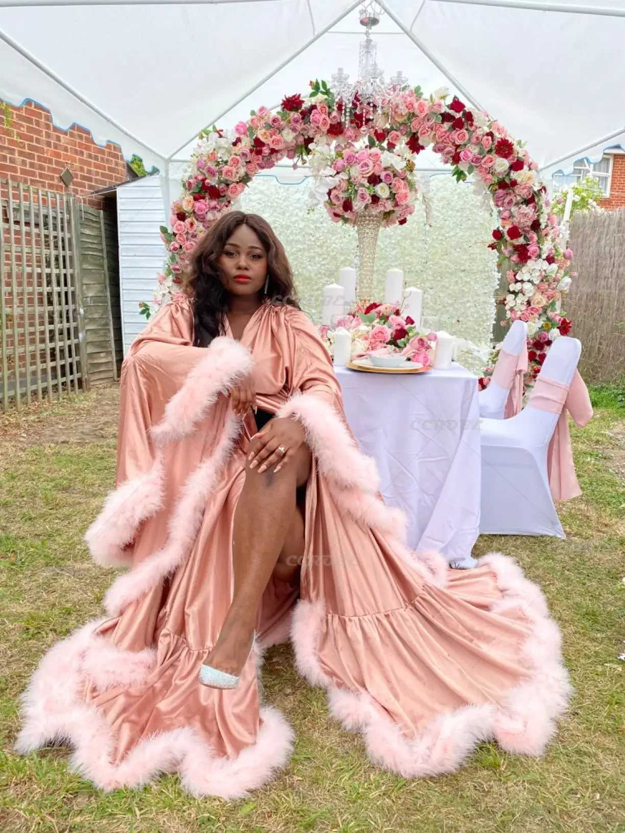 Lounge Women's Sleep Bathrobe for Women Lingerie Flare Sleeves Bridal Feather Robe Silk Satin Luxury Long Wedding Dressing Gown Maternity DressC2 - view 5