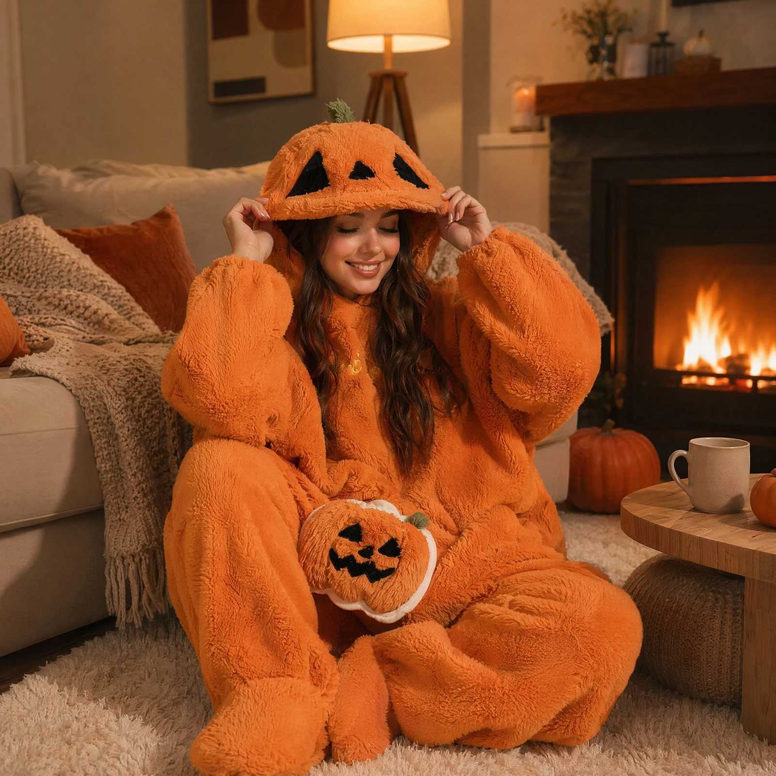 Sleep Lounge Women's Halloween Pumpkin Onesie for Women Fleece Lined Thick Warm Jumpsuit Cartoon Pajamas with ShoesC260924 - view 5