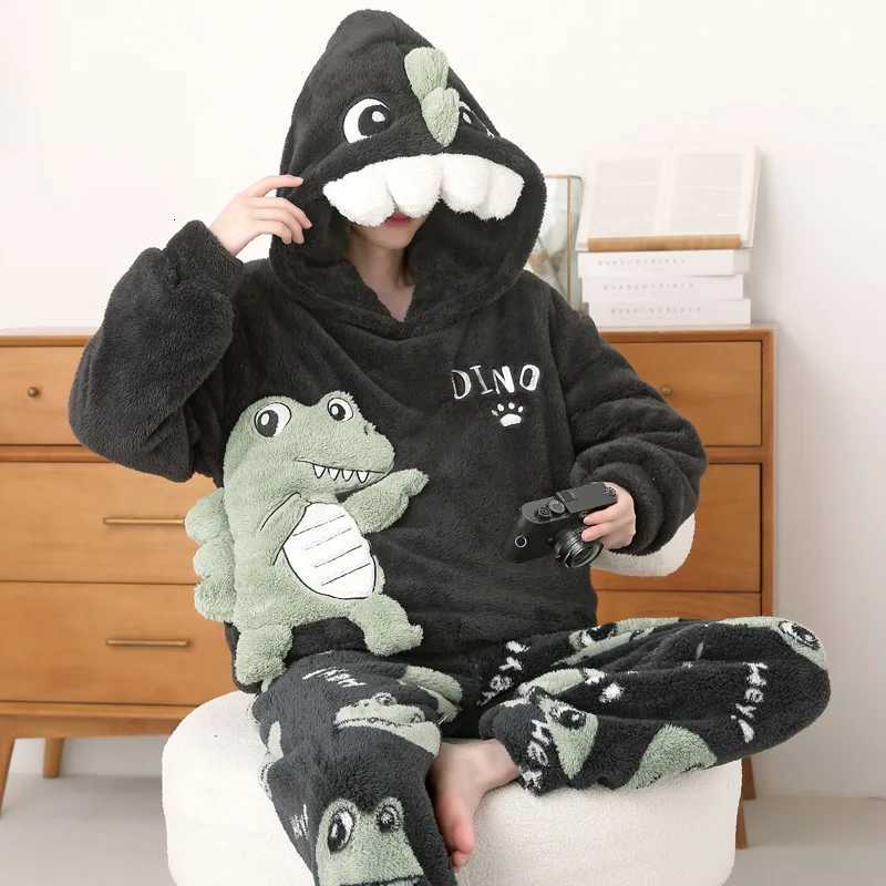 Lounge Women's Sleep Cute Fleece Pajamas For Men Thick Plush Hooded Pyjamas Winter Male Sleepwear Coral Velvet Warm Flannel Home Pants Clothes Pi - view 3