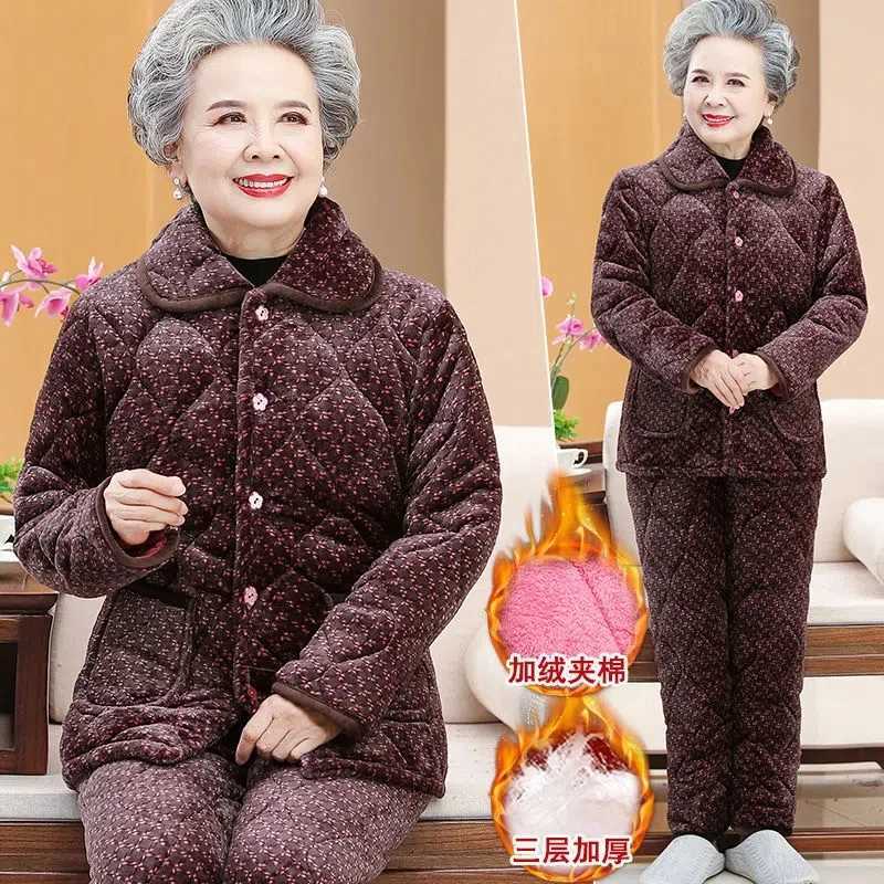 Lounge Women's Sleep Grandma Pajamas Three Layers Thickened Mother Home Clothes Elderly Women Coral Velvet Pajamas Sets Winter Suit Warm Pants 2P - view 6