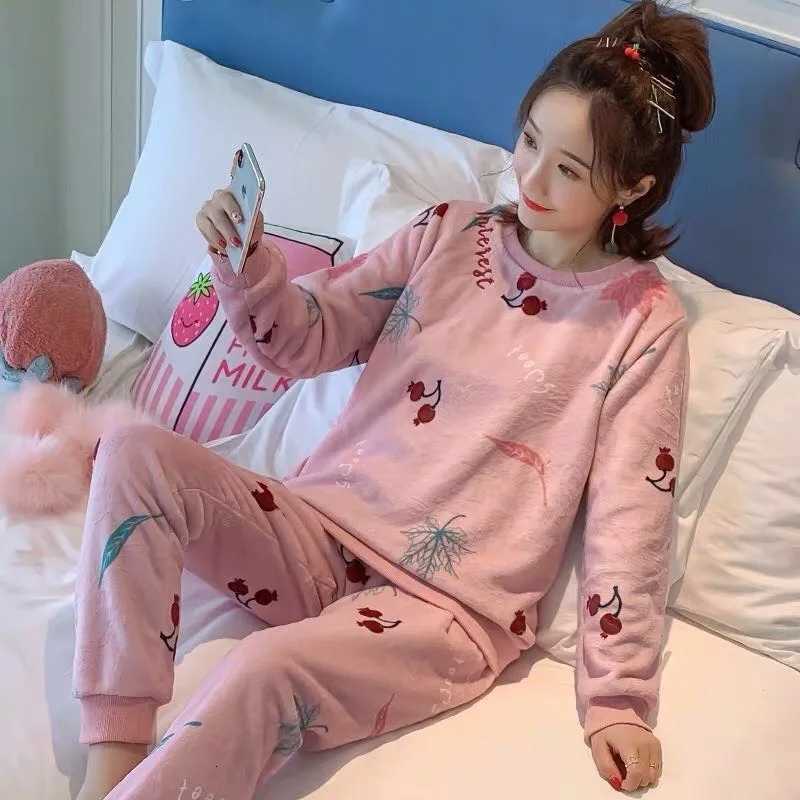 Lounge Women's Sleep Thickened Warm Sleepwear for Winter Plus Size Padded Flannel Long Sleeve Student Pajamas Loungewear Two Piece Nightwear Home