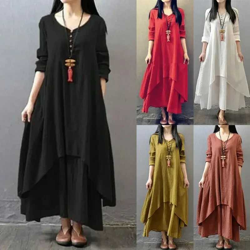 Sleep Lounge Women's Spring Autumn Women Maxi Dresses Casual Full Sleeve Bohe Cotton Women'S Casual Fashion Loose Long With Button Solid Col