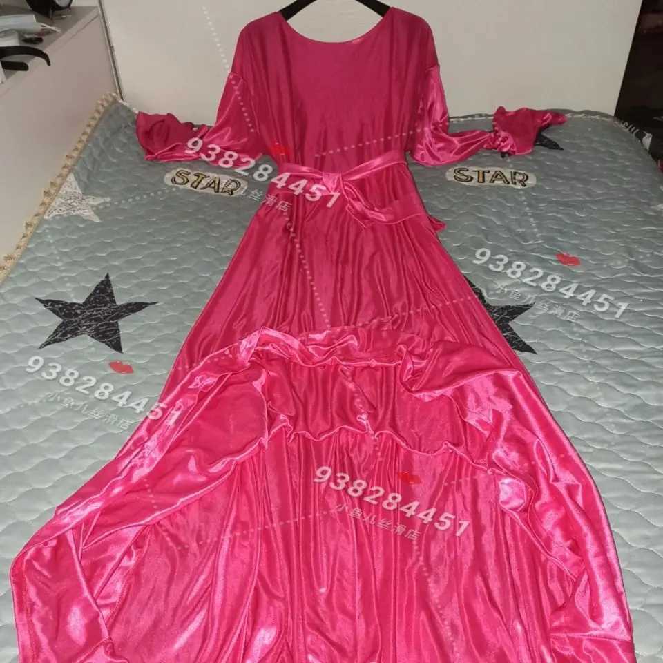 Sleep Lounge Women's Glossy Women Satin Long Sleeve Dress Loose Lace Up Maxi Dress Plus Size Sleeping RobeC260924 - view 5