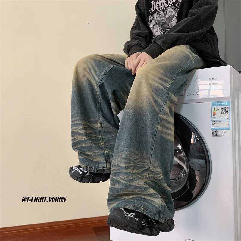 Men's Jeans Fashion Blue Tie-dye Wide-leg Jeans Men Distressed Baggy Straight Denim Pants Men High Street Jean Pants Mopping Trousers H260924