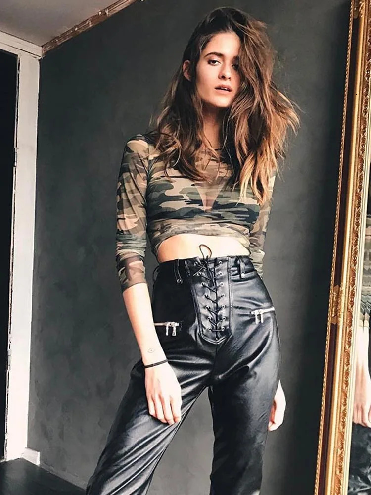 Women Crop Tops Long Sleeve Camouflage Print Tees Tshirt Fashion Mesh See Through Ladies Sexy Short Summer Y2k Top 260928 - view 3