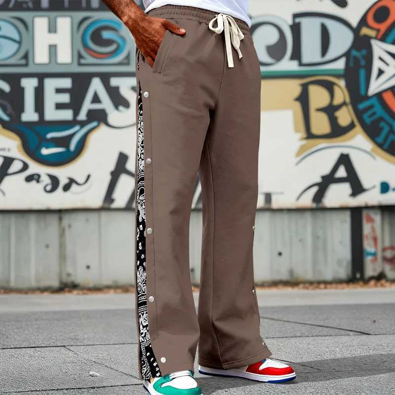 Men's Pants Men Wide Leg Sweatpants Side Button Paisley Patchwork Trousers Elastic dr1 Hip Hop Streetwear Loose Casual Sports Pants D260924 - view 3