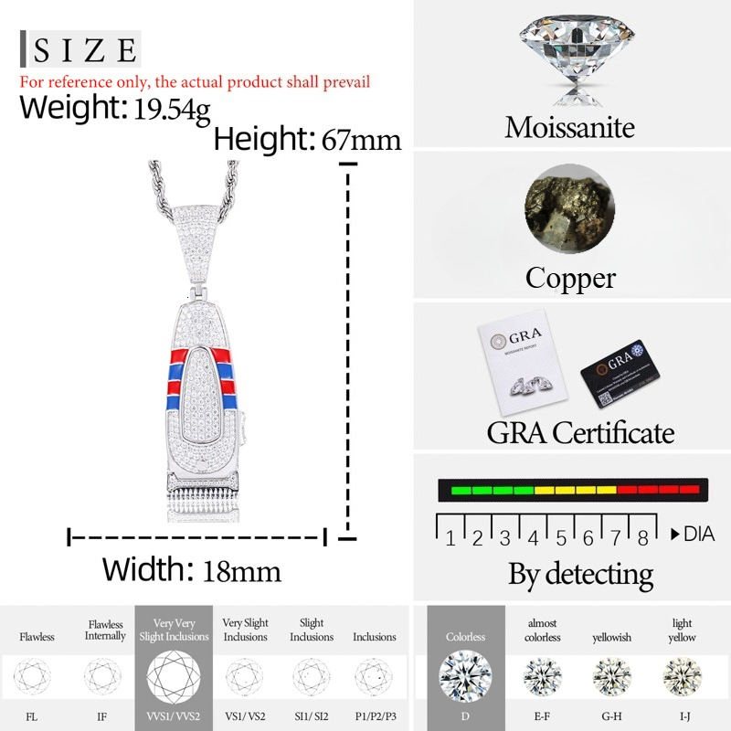 TUHE Hip Hop Barber Clipper Pendant Necklace Copper Moissanite Diamond Iced Out Cuban/Twist Chain Unisex Streetwear Jewelry - view 7