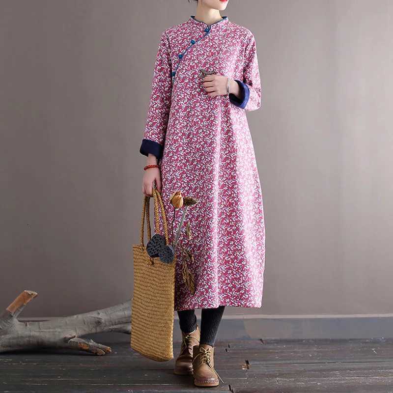 Sleep Lounge Women's Johnature Women Print Floral Dresses Stand Fleece Cheongsam Vintage Warm Winter Robes 2025 New Button Female Cotton DressesC - view 4