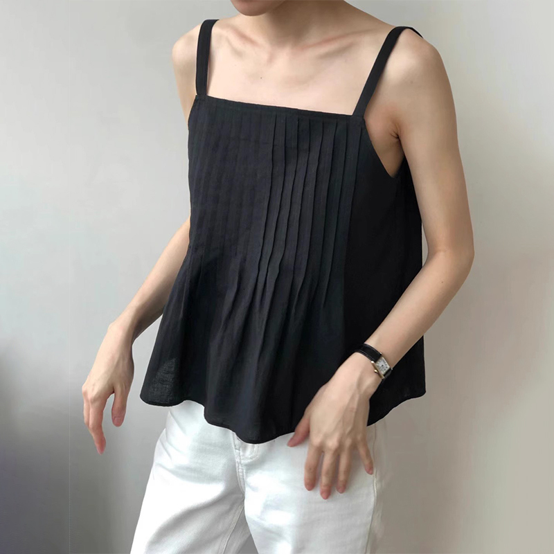 Black Sleeveless Pleated Square Collar Strap Vest Women's Summer 2026 New Short Versatile Unique Top Commute Style Pure ...