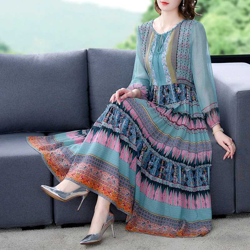 Sleep Lounge Women's 2025 Spring Boho Green Chiffon Beach Maxi Dress Autumn Vintage 4XL Plus Size Long Sleeve Women Dress Elegant Party VestidosC