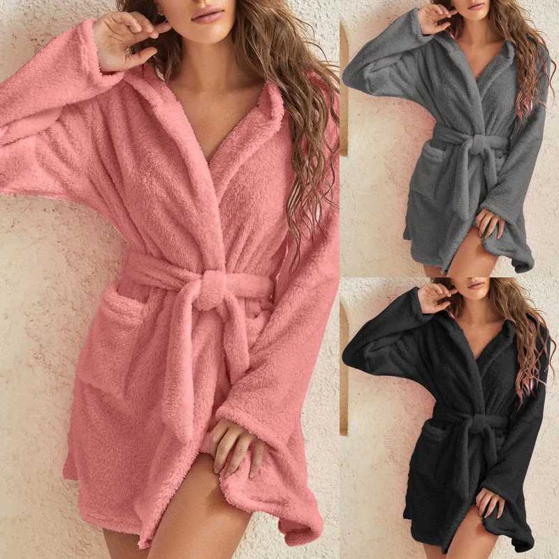 Lounge Women's Sleep Autumn Winter Women Sexy Bath Robe Fluffy Plush Pyjamas Ladies Hooded Dressing Solid Color Gown Warm Bathrobe Female Loungew