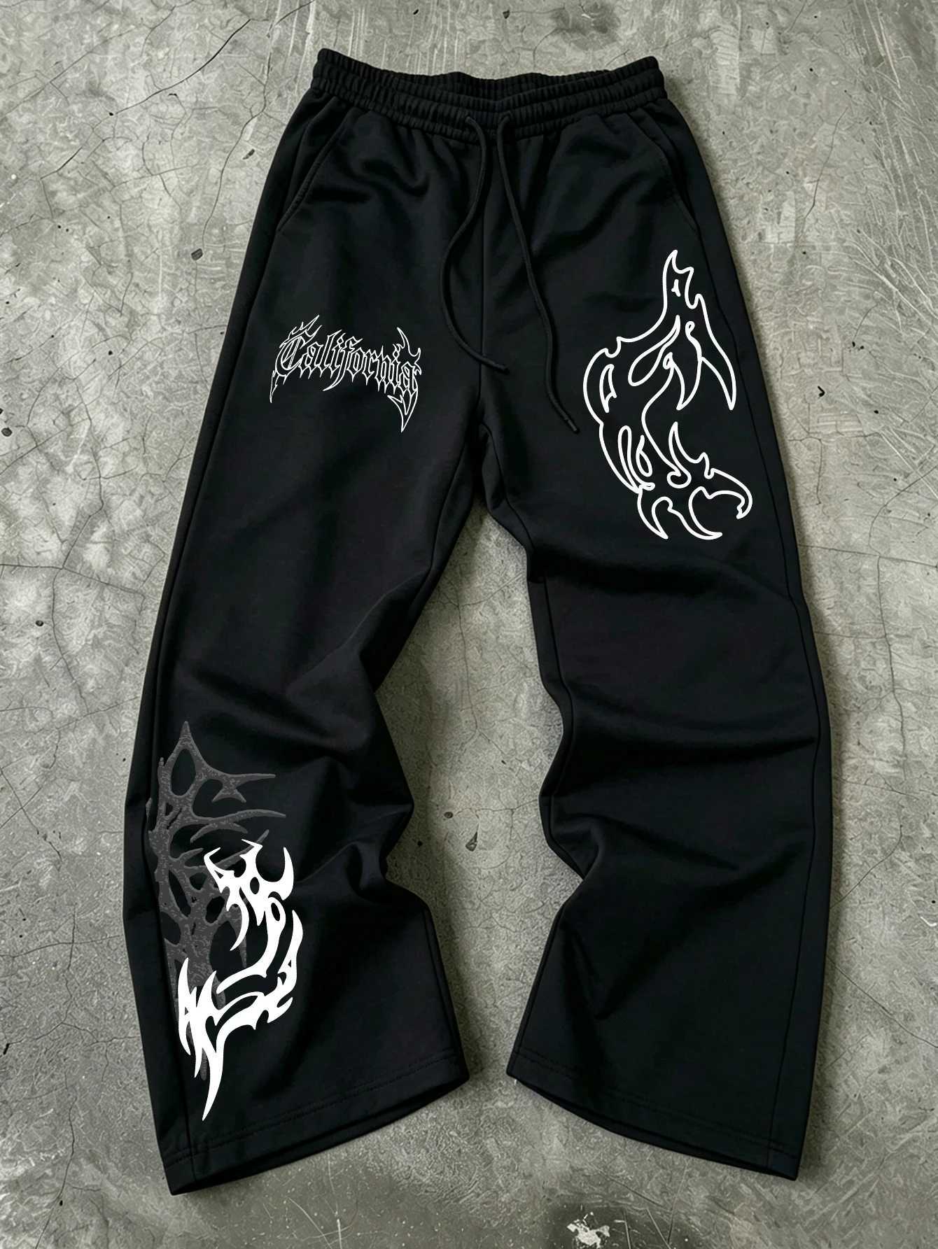 Men's Pants Men Gothic Wide Leg Jogger Pants Asymmetric Multi Graphic California Gothic Font FlameThornTotemPrintdr1BaggyStreetwear D260924 - view 6