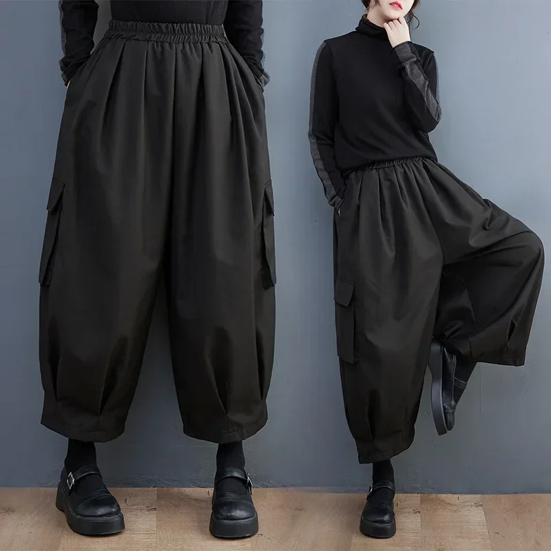 Spring Summer Black Vintage High Elastic Waist Oversized Cargo Pants Women Loose Casual Pocket Fashion Ladies Trousers 260928