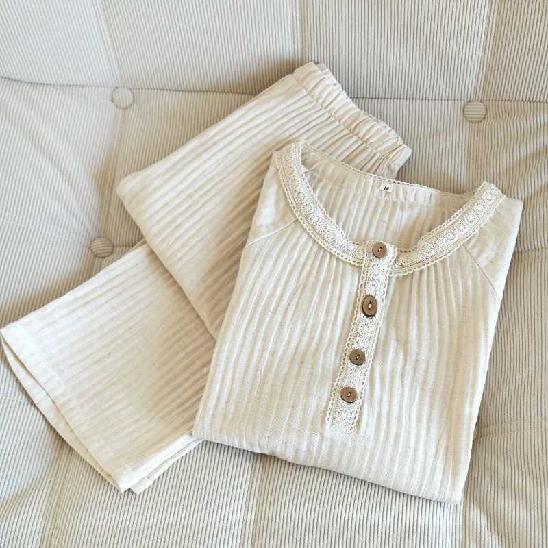 Women's Sleep Lounge 2026 New Women's Spring/Summer Pajama Set 100% Cotton Hemp Lace Collar Pure Cotton Long Sleeve Pants Home Clothes Sleep