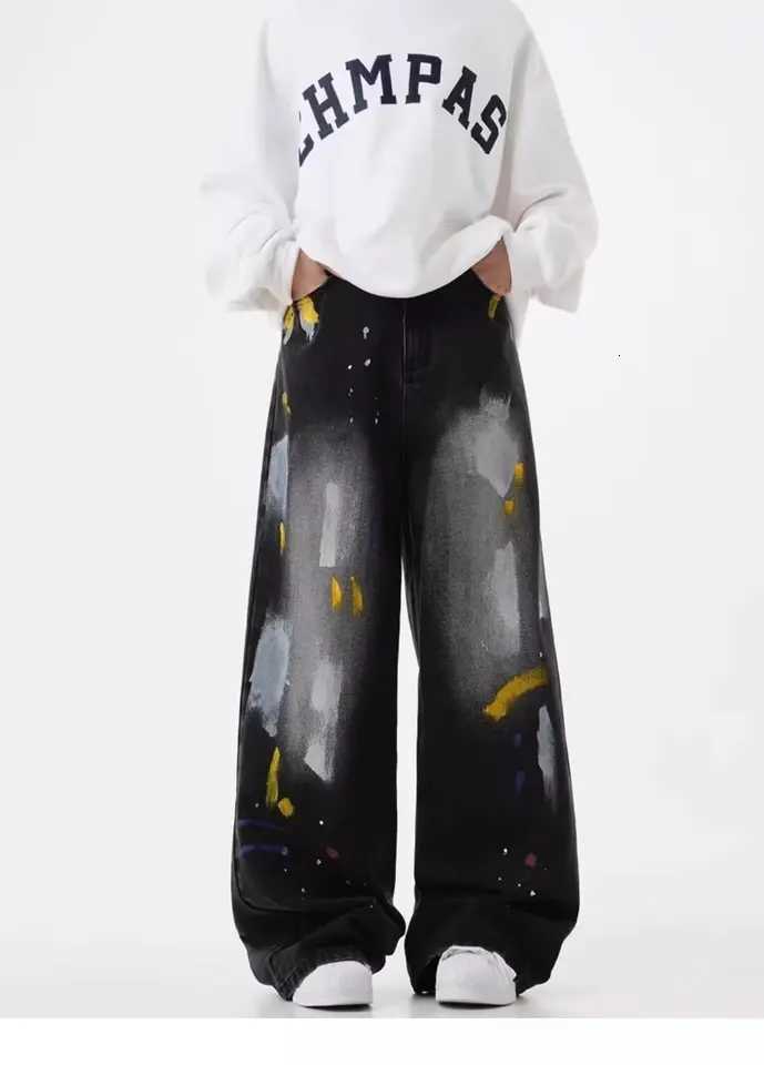 Men's Jeans Men's High Street Vintage Loose Wide Leg Long Pants Trendy Graffiti Straight Leg Trousers y2k American Denim Jeans Man clothes H - view 3