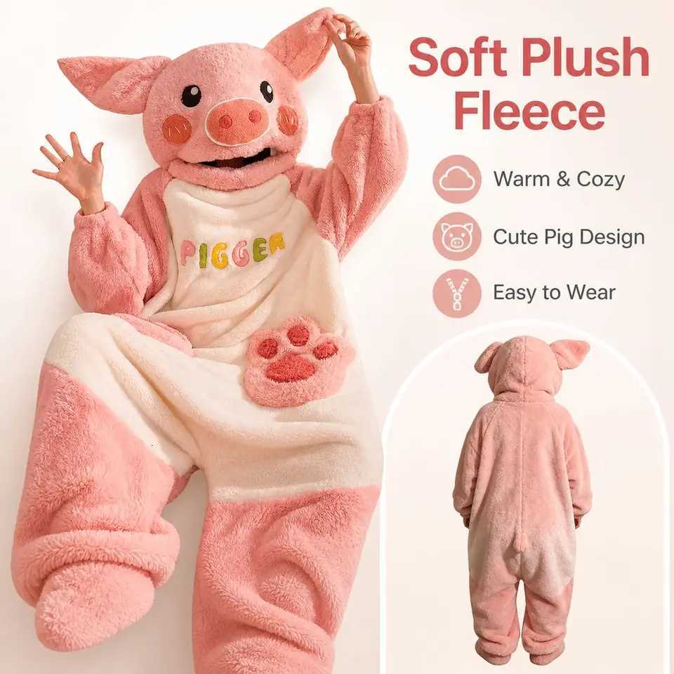 Lounge Women's Sleep Coral Fleece Pig Onesie Pajamas Piggy Pocket Detail Oversized Fit Adult Wearable Blanket 3D Ears Design Warm Lounger RobeC26 - view 3