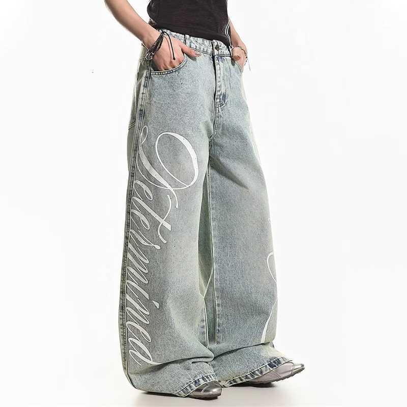 Men's Jeans Hip Hop Fashion Straight Wide Leg Denim Trousers For Men Letter Printed Blue Baggy Y2K Jeans 2026 New Casual Streetwear Jean H260924 - view 6