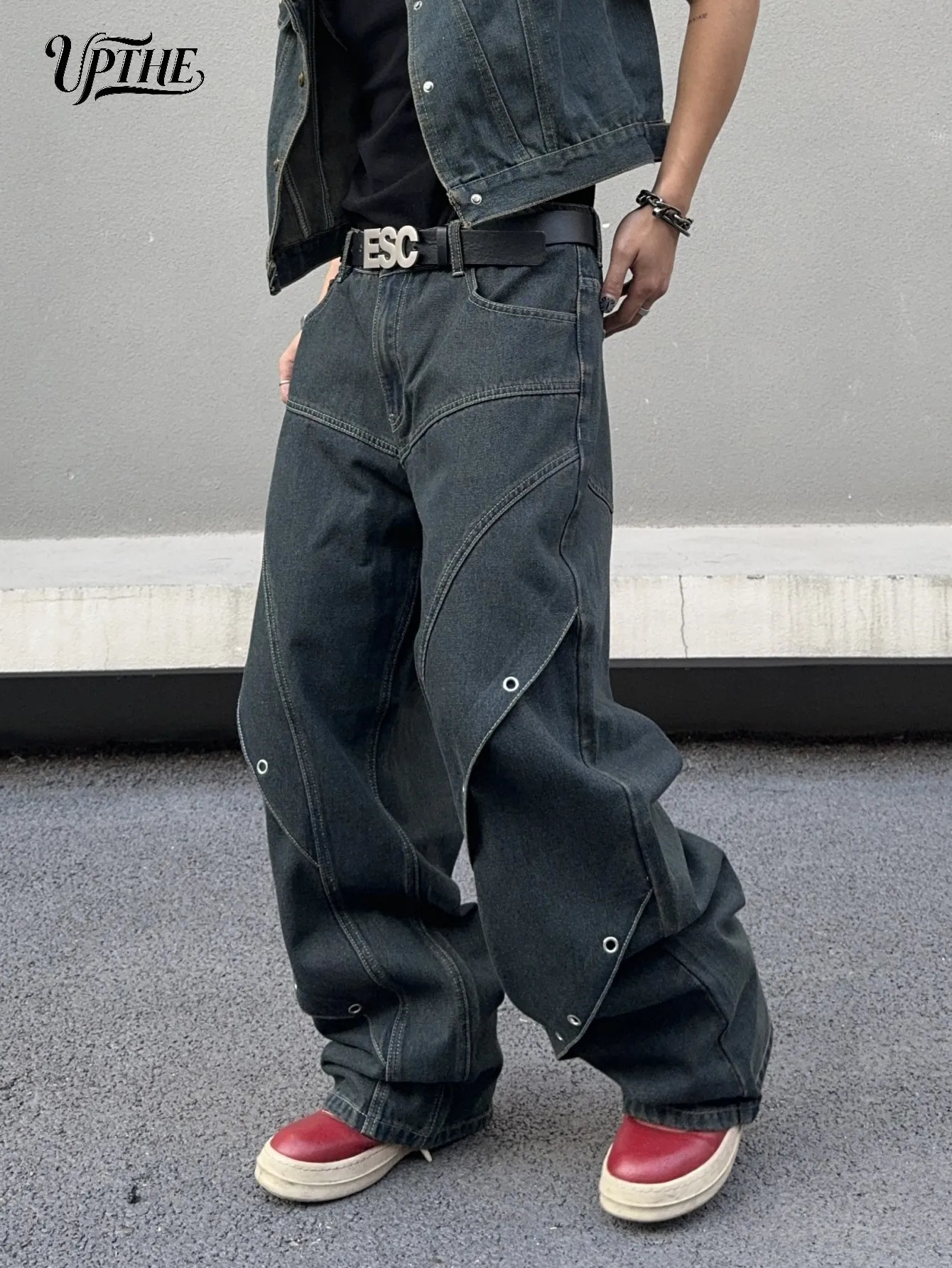 UP.THE Men Dark Raw Denim Baggy Wide Leg Jeans Y2K Oversized Loose Curved Spliced Eyelet Denim Pants Industrial Streetwear Trousers for Daily Outfits  - view 5