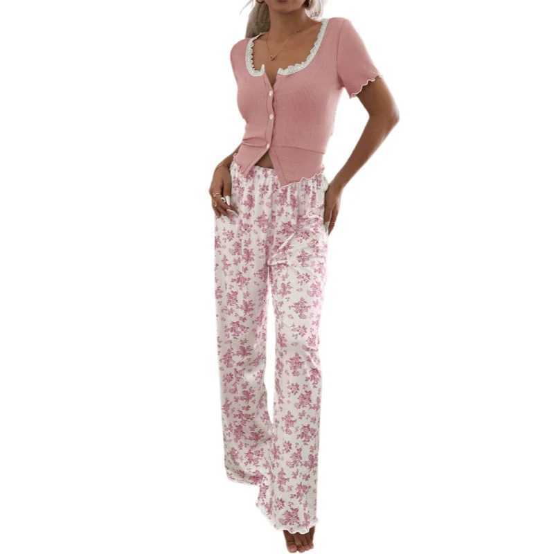 Women's Sleep Lounge European and American style home wear lace trim cardigan short-sleeve long pants women's pajama set suitable for outdoo - view 6