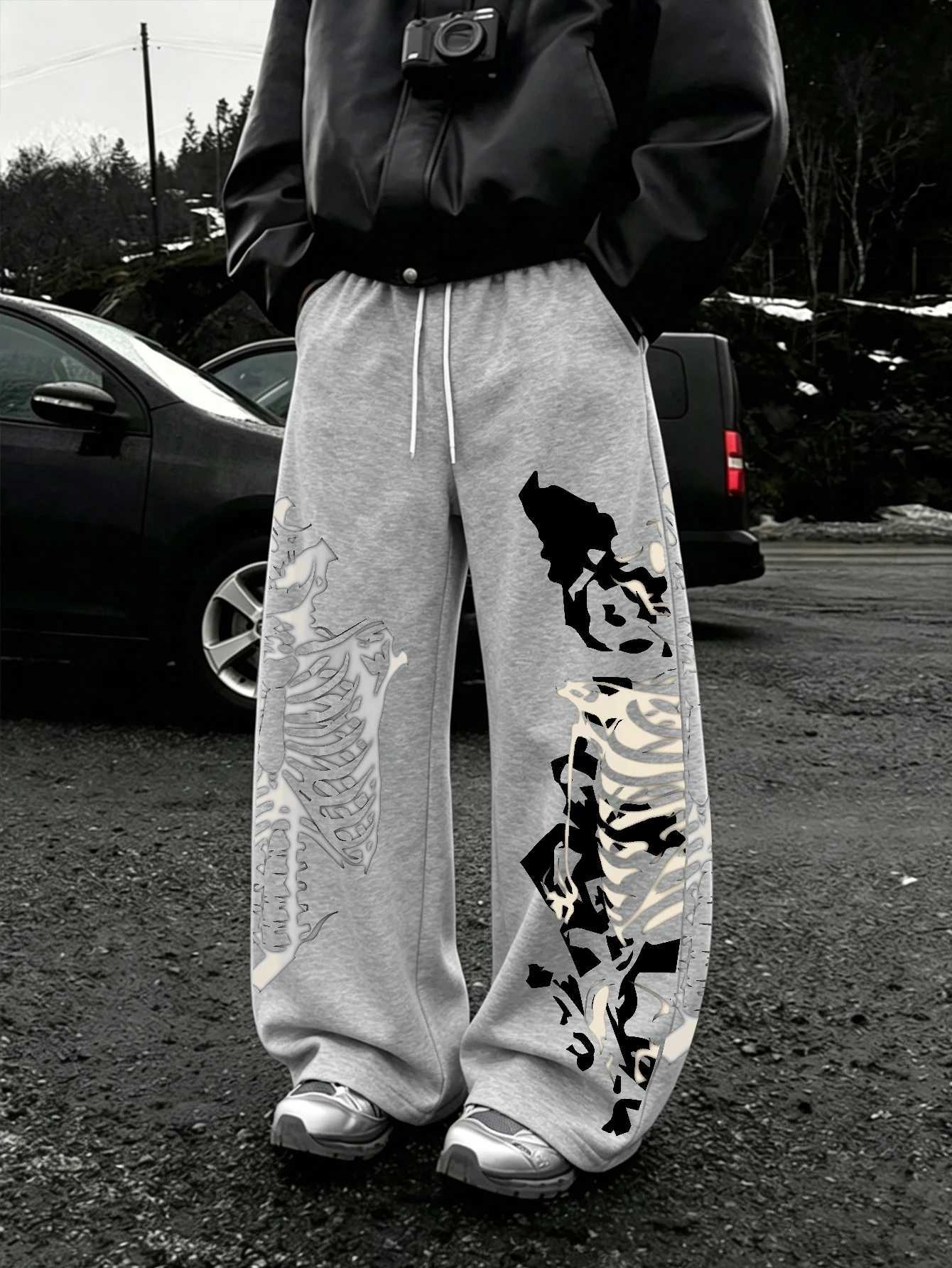 Men's Pants Men Skeleton Ribcage Graphic Wide Leg Sweatpants dr1 Loose Straight Baggy Gothic Streetwear Jogger Pants Black Grey D260924 - view 4