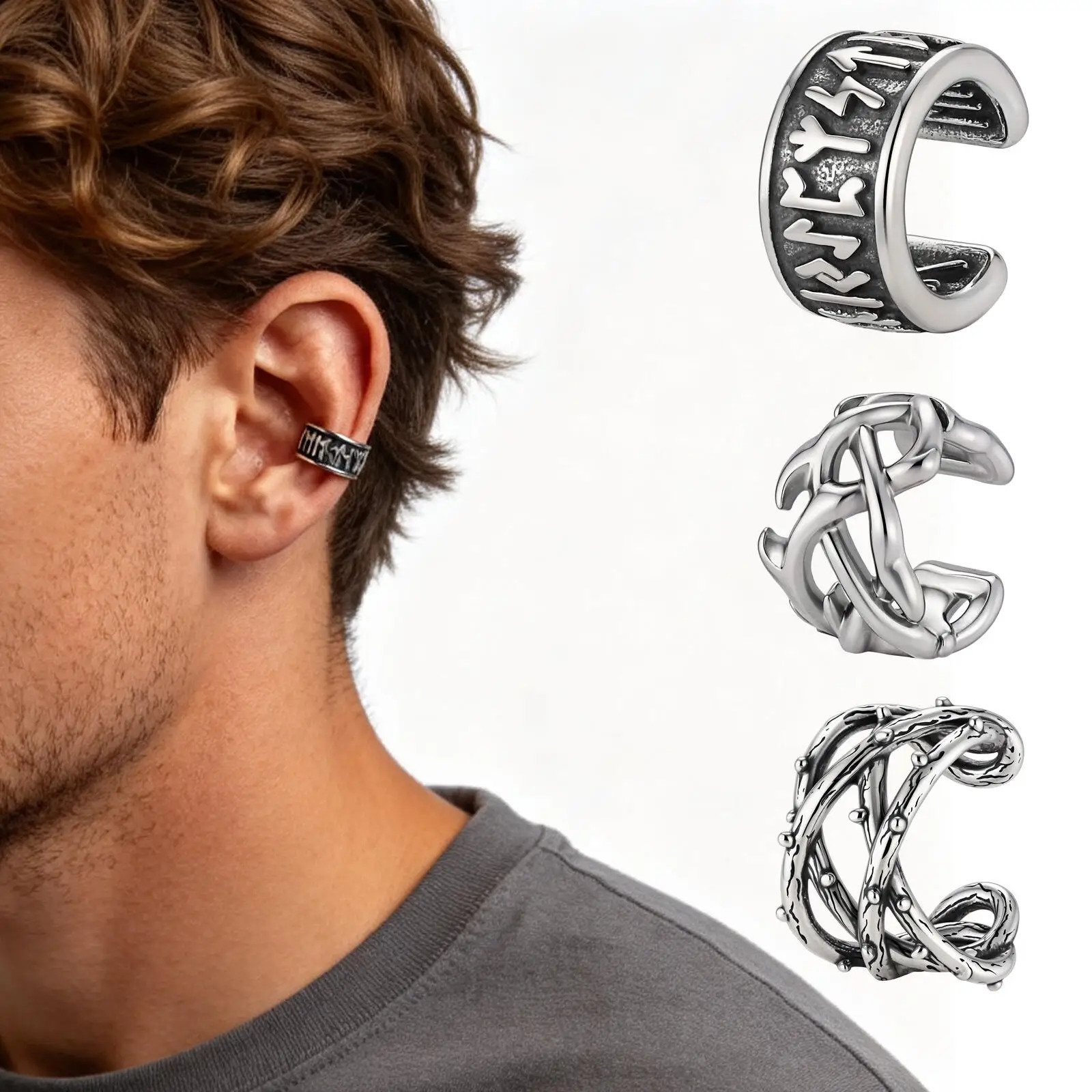 Vintage Punk Viking Clip Earrings for Men Boys Anti Allergy Stainless Steel No Pierced Ear Bone Cuff Birthday Father Gift 260910