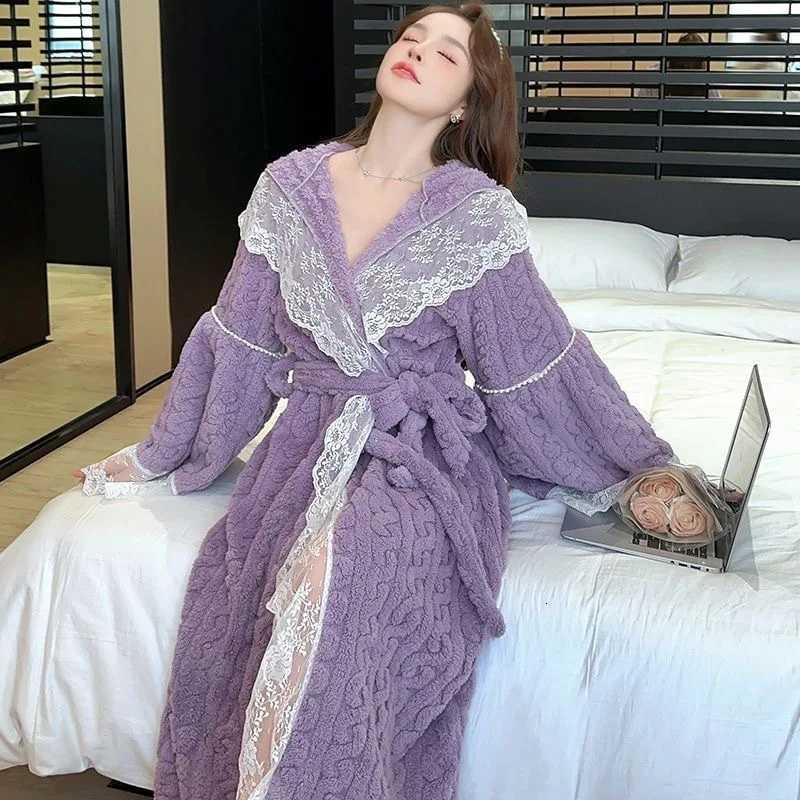 Sleep Lounge Women's French Lace Autumn Winter Robe Women Coral Fleece Sexy Kimono Gown Soft Princess Style Bathrobe Homewear Comfy Dressing Gown - view 4