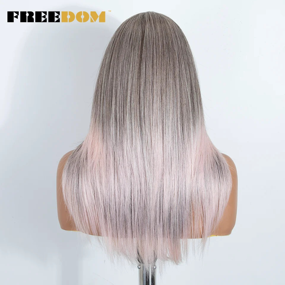 FREEDOM Straight Synthetic Lace Front Wig With Bangs 20 Inch Ombre Brown Blonde Layered Pre-cut Lace Wigs Pink Cosplay Wig 260922 - view 6