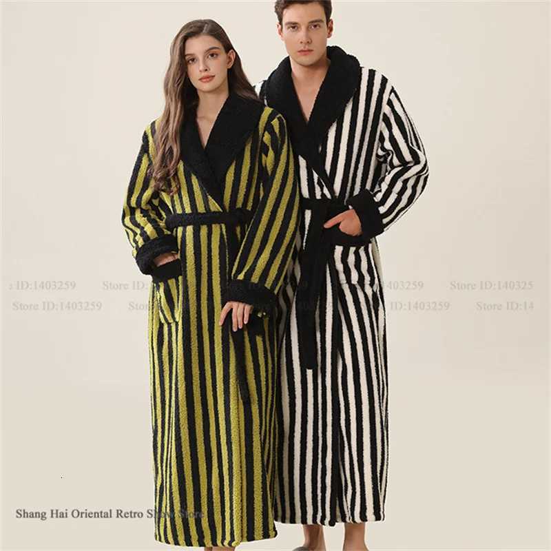 Lounge Women's Sleep Fashion Stripes Flannel Couple Long Robe Sleepwear Winter Warm Women Nightgown Bathrobe Loose Thick Coral Fleece Homewear Pa - view 6